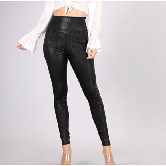 CY Fashion Pants - CY Fashion Black Snake Skin Faux‎ Leather Leggings Small